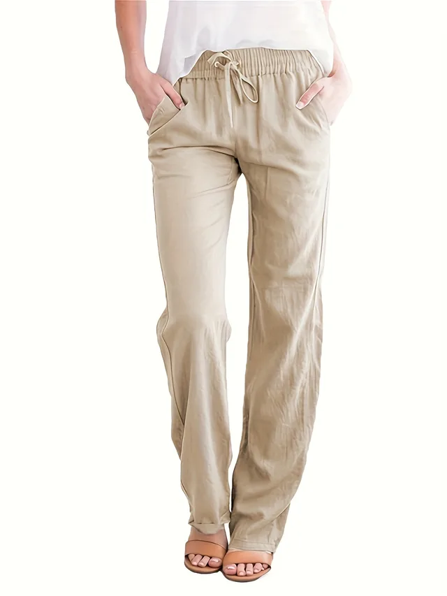 Women's Solid Color Loose Elastic Waist Casual Trousers Beige - Shop at LoveMi