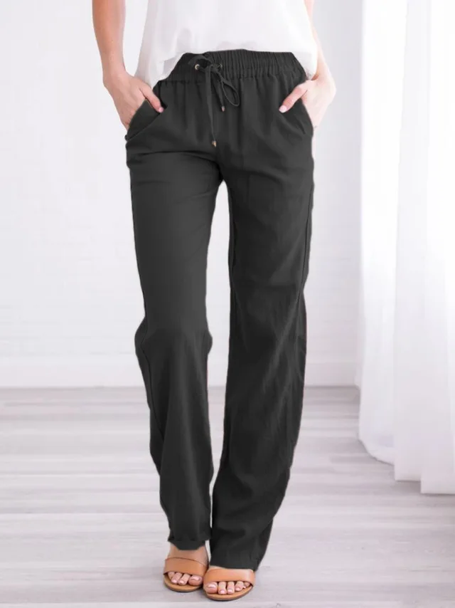 Women's Solid Color Loose Elastic Waist Casual Trousers Black - Shop at LoveMi
