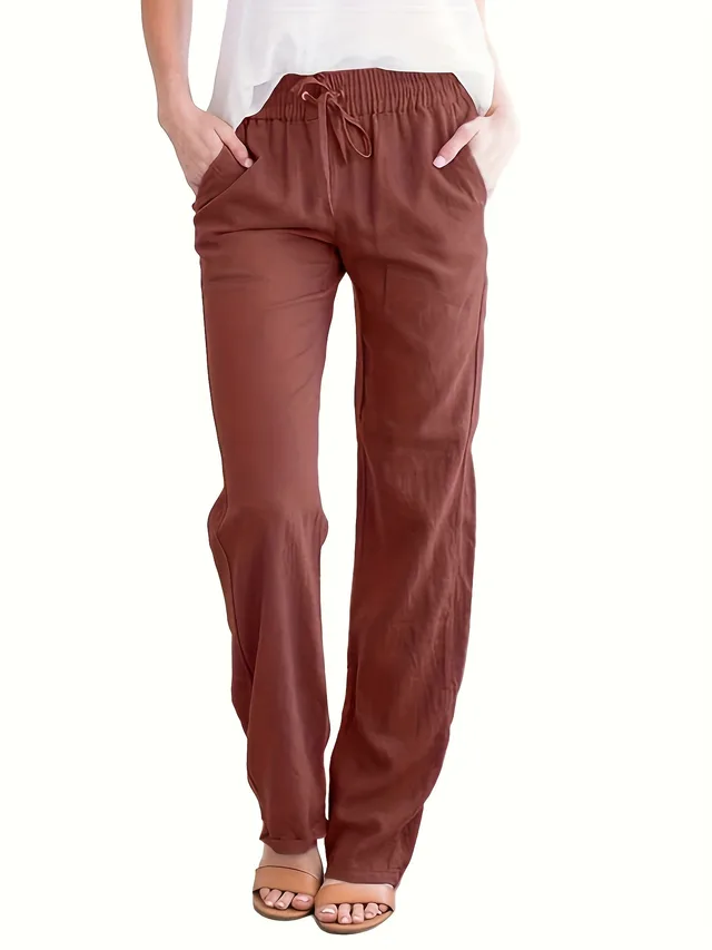 Women's Solid Color Loose Elastic Waist Casual Trousers Wine Red - Shop at LoveMi