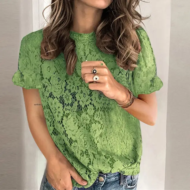 Round Neck Lightly Cooked Lace Shirt With Chain Link Lace Green - Shop at LoveMi
