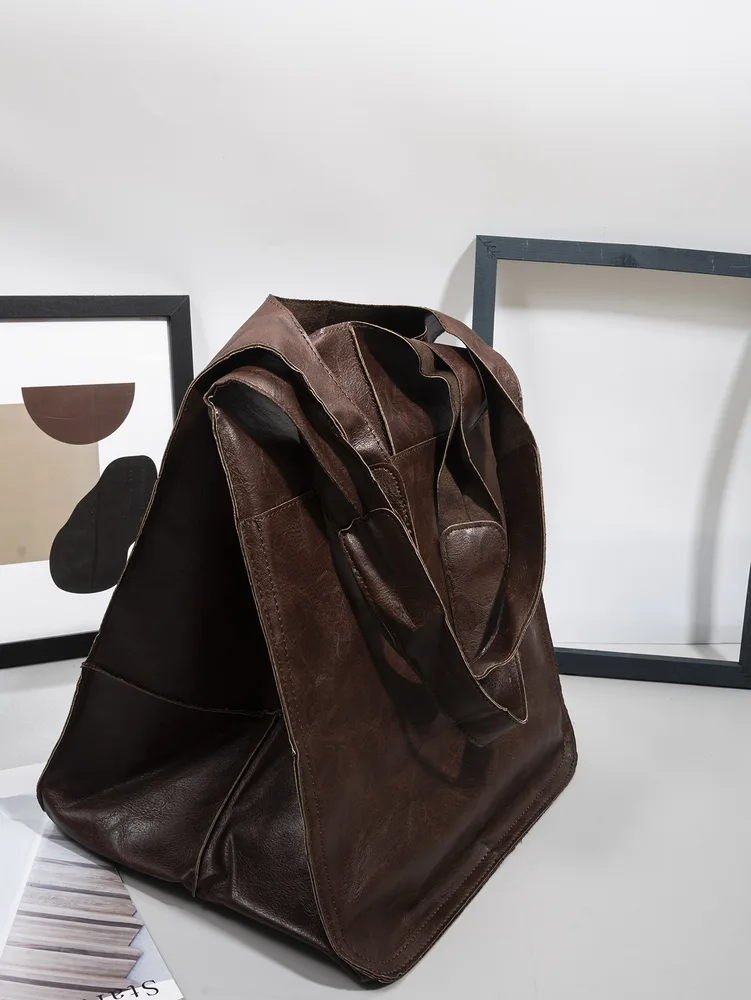 Vintage Large Capacity Handbags PU Soft Leather Big Bag Designer Luxury Women Shoulder Bag Beach On Vacation Woman Tote Bag Coffee - Shop at LoveMi