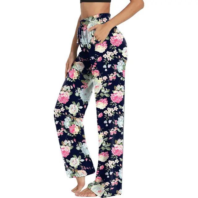 New Style Ladies Trousers Printed Lace Up Yoga Casual Wide Leg Trousers Black - Shop at LoveMi
