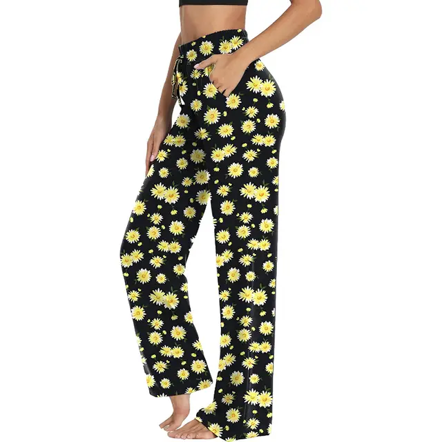 New Style Ladies Trousers Printed Lace Up Yoga Casual Wide Leg Trousers Yellow - Shop at LoveMi