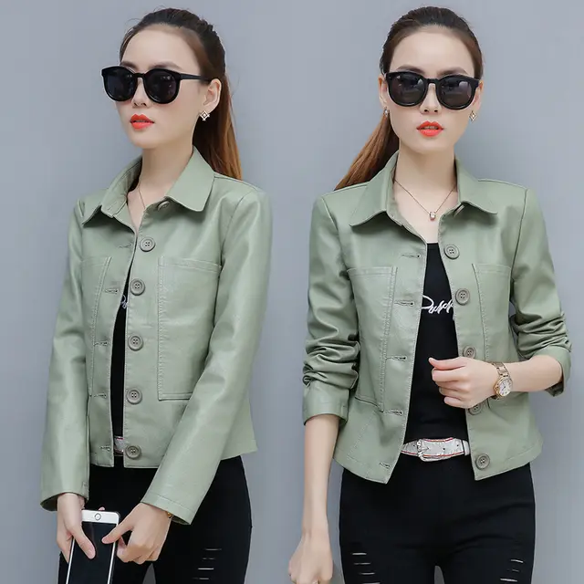 Korean Casual Slim fit Motorcycle PU Leather Jacket Green - Shop at LoveMi