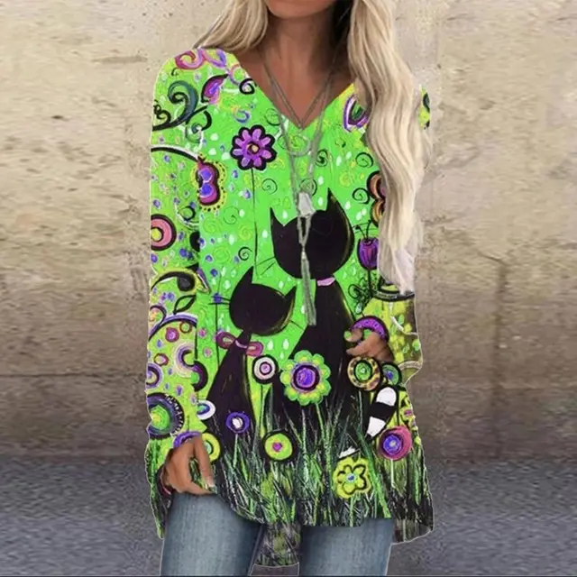 Loose Long sleeved V neck Mid length Printed T shirt Green - Shop at LoveMi