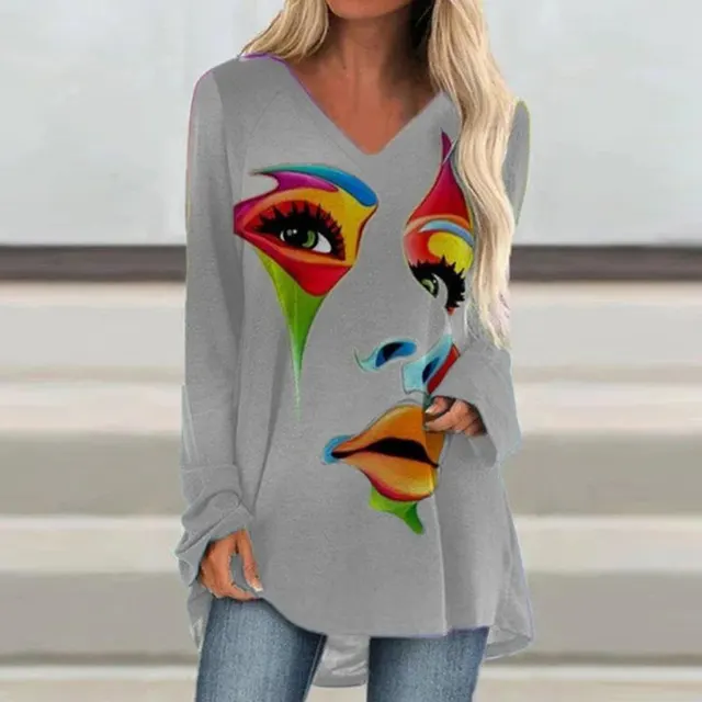 Loose Long sleeved V neck Mid length Printed T shirt Grey - Shop at LoveMi