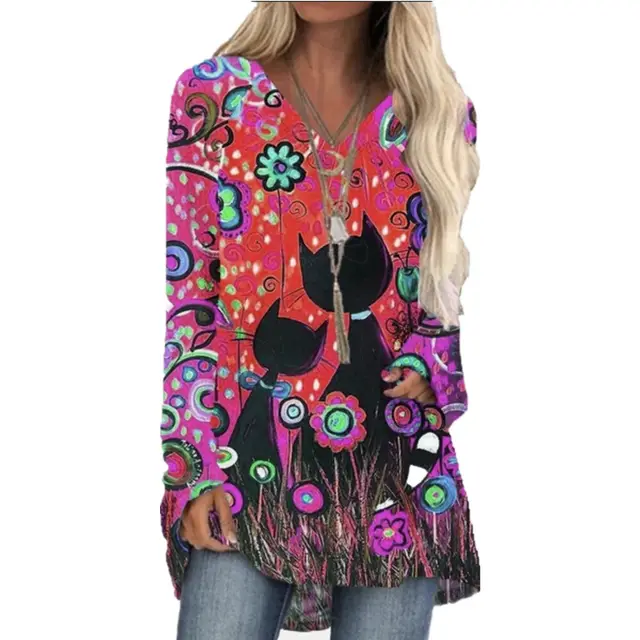 Loose Long sleeved V neck Mid length Printed T shirt Red - Shop at LoveMi