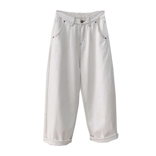 White Twill Denim Straight Leg Pants Women's High Waist Loose White - Shop at LoveMi