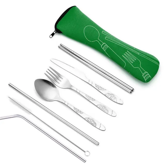 Stainless Steel Cutlery Set Travel Portable Knife, Fork, Spoon And Chopsticks Seven Piece Straw Set Green - Shop at LoveMi