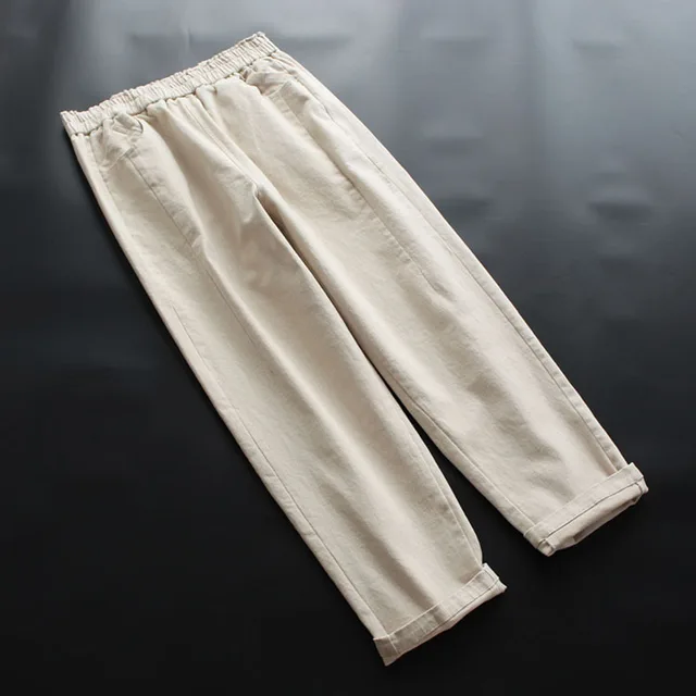 Simple Casual Elastic Waist Trousers Solid Color Loose Beige - Shop at LoveMi