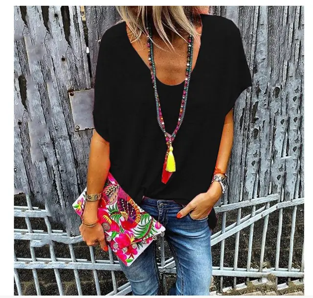 Candy Color V Neck Short Sleeved T Shirt Bottoming Shirt Black - Shop at LoveMi