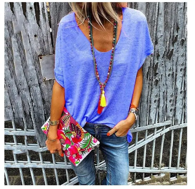 Candy Color V Neck Short Sleeved T Shirt Bottoming Shirt Blue - Shop at LoveMi