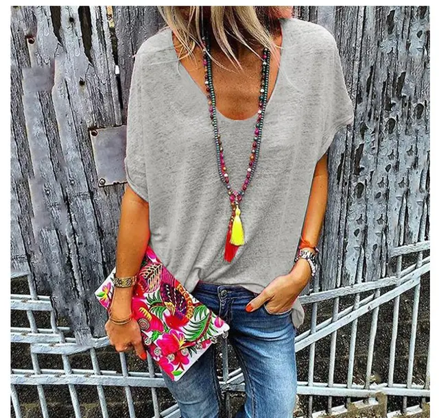 Candy Color V Neck Short Sleeved T Shirt Bottoming Shirt Grey - Shop at LoveMi