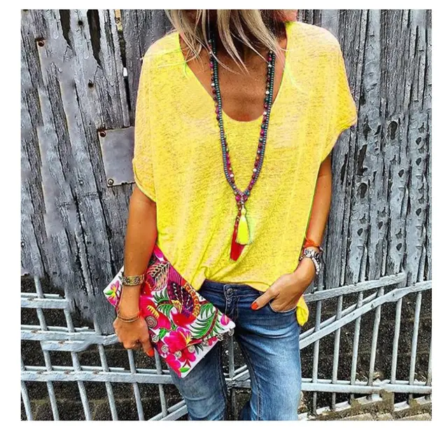 Candy Color V Neck Short Sleeved T Shirt Bottoming Shirt Yellow - Shop at LoveMi