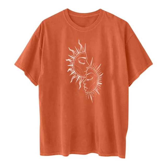 Short sleeved Cotton Loose fitting Short sleeved Round Neck Printed Female T shirt Orange - Shop at LoveMi