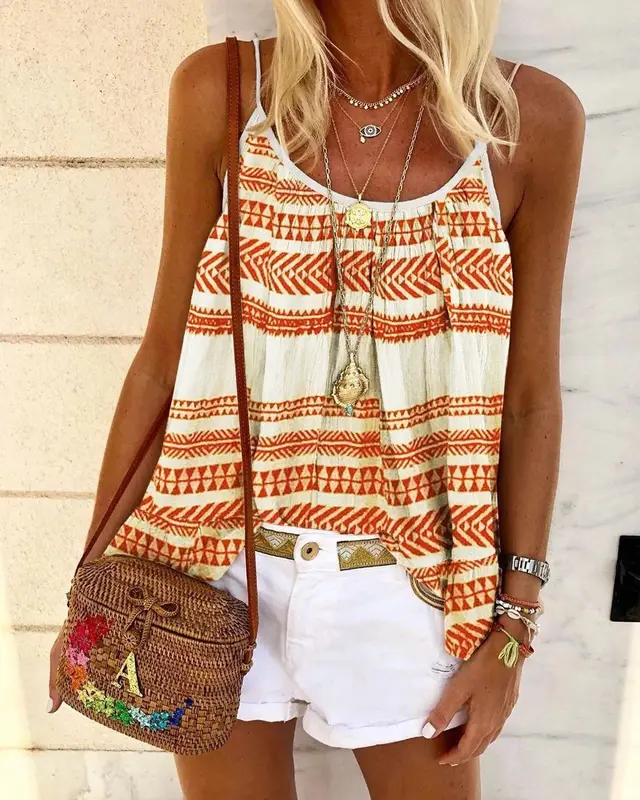 Summer Loose Casual Sexy Geometric Print Camisole Orange - Shop at LoveMi