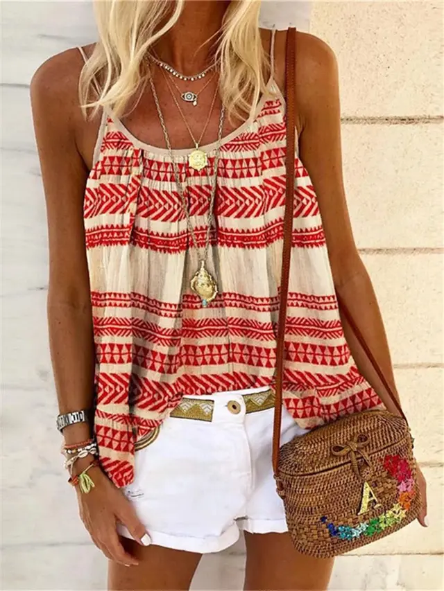 Summer Loose Casual Sexy Geometric Print Camisole Red - Shop at LoveMi