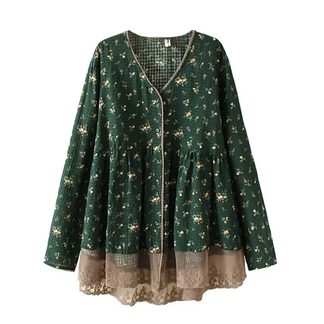 Literary Style Floral Cotton And Linen Stitching Lace Vneck Shirt Green - Shop at LoveMi