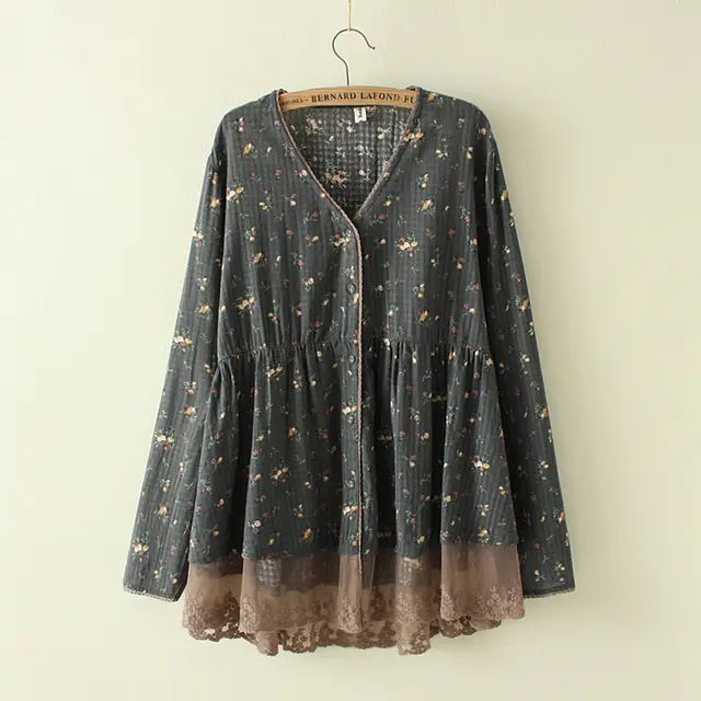 Literary Style Floral Cotton And Linen Stitching Lace Vneck Shirt Grey - Shop at LoveMi
