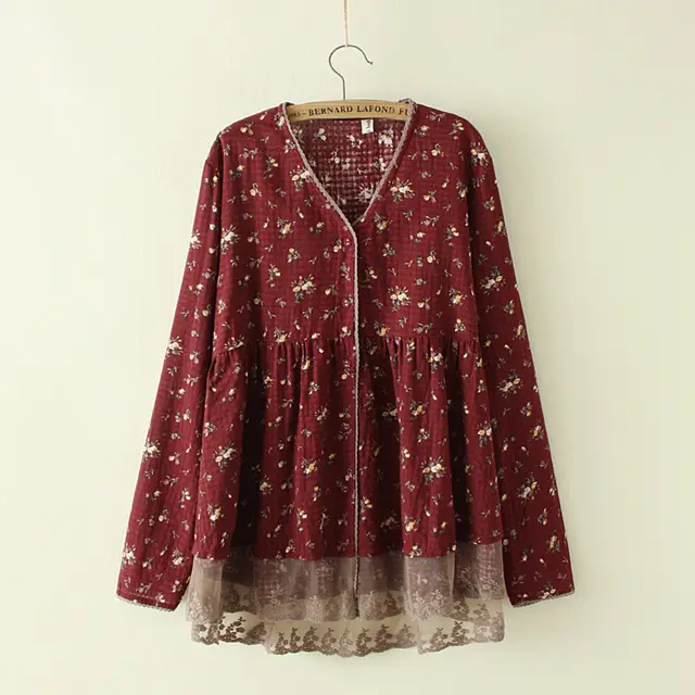 Literary Style Floral Cotton And Linen Stitching Lace Vneck Shirt Red - Shop at LoveMi