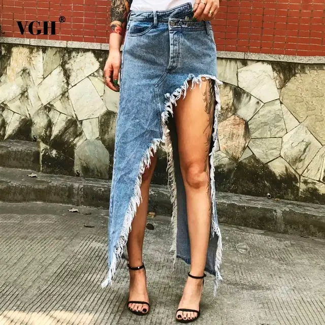 Women's Mid length Irregular Split Frayed Denim Skirt Blue - Shop at LoveMi