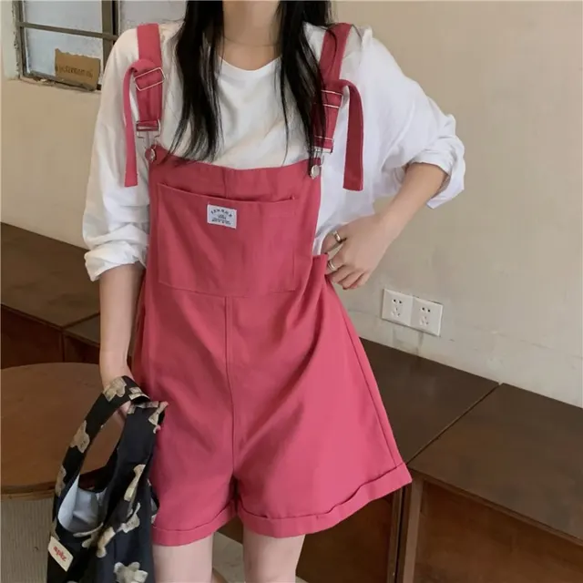 Real Photo Summer New Age Reducing Strap Pants Show Thin Loose Wide Leg Denim One Piece Shorts Pink - Shop at LoveMi