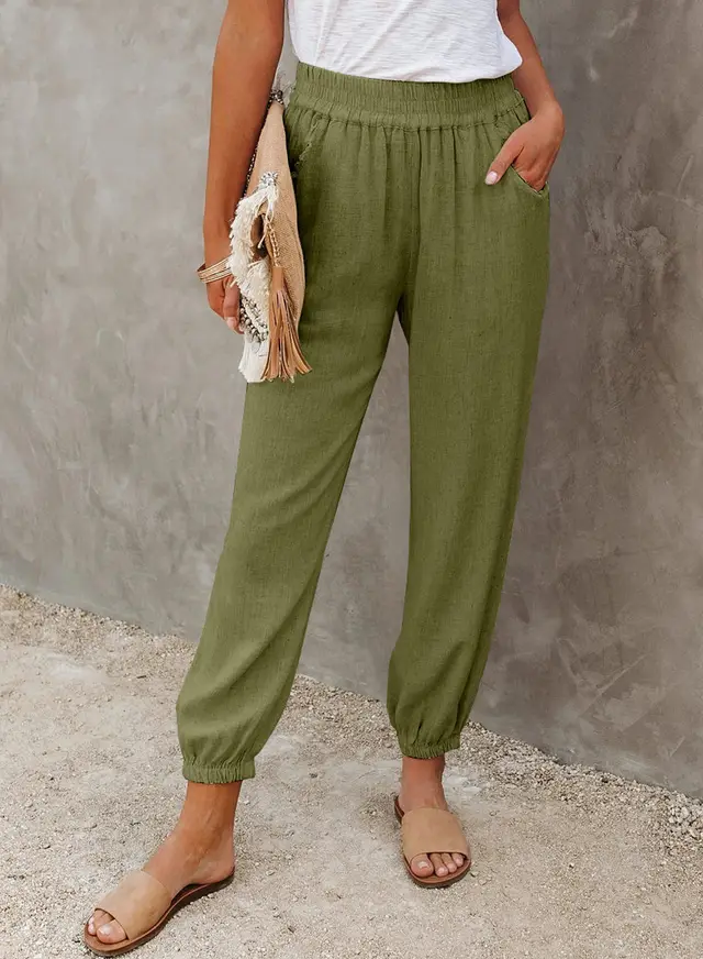 Solid Color Loose Pocket High Waist Cropped Trousers Green - Shop at LoveMi