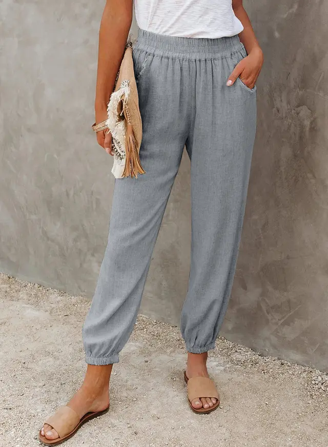 Solid Color Loose Pocket High Waist Cropped Trousers Grey - Shop at LoveMi