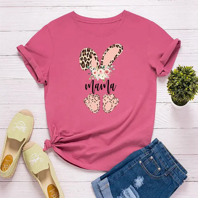 European And American Women's Easter Loose Round Neck Short Sleeves Rose Red - Shop at LoveMi