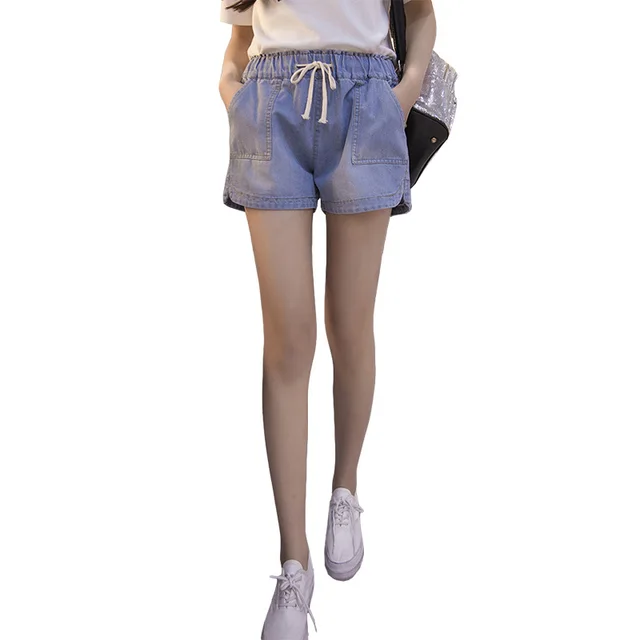 Thin Denim Shorts Women Korean Casual Hot Pants Elastic Waist Wide leg Pants Light Blue - Shop at LoveMi