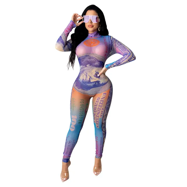 Sexy Dollar Positioning Printed Mesh Long Sleeve Jumpsuit Purple - Shop at LoveMi