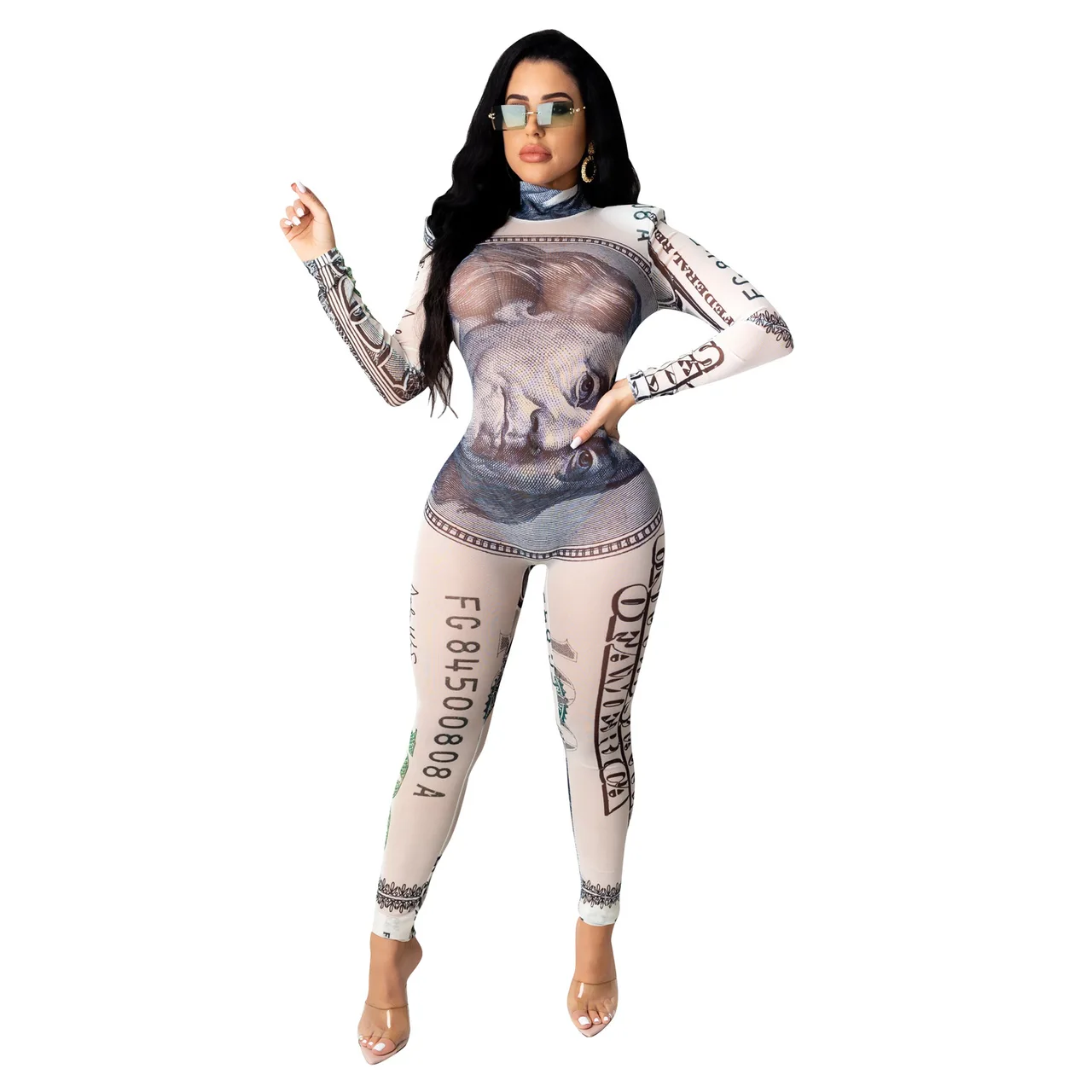 Sexy Dollar Positioning Printed Mesh Long Sleeve Jumpsuit - White