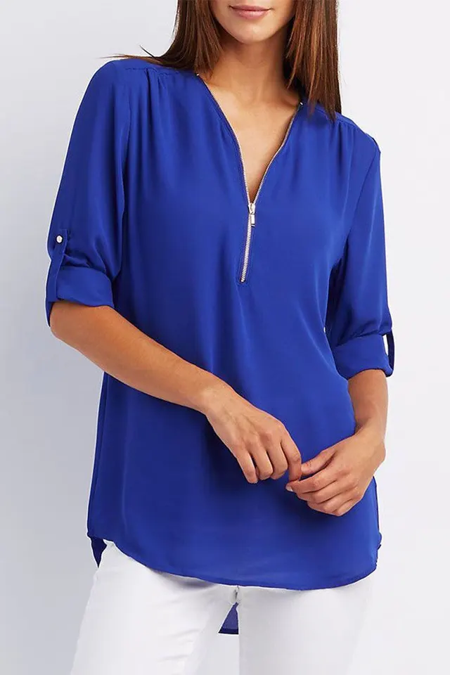 V neck Zipper Plus Size Women's Long Sleeved Loose Chiffon Shirt Blue - Shop at LoveMi