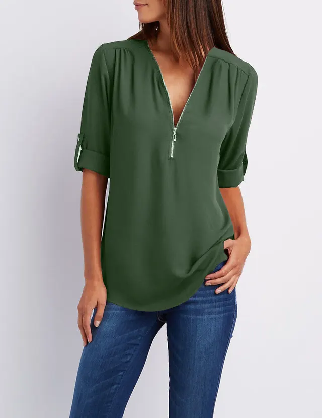 V neck Zipper Plus Size Women's Long Sleeved Loose Chiffon Shirt Dark Green - Shop at LoveMi