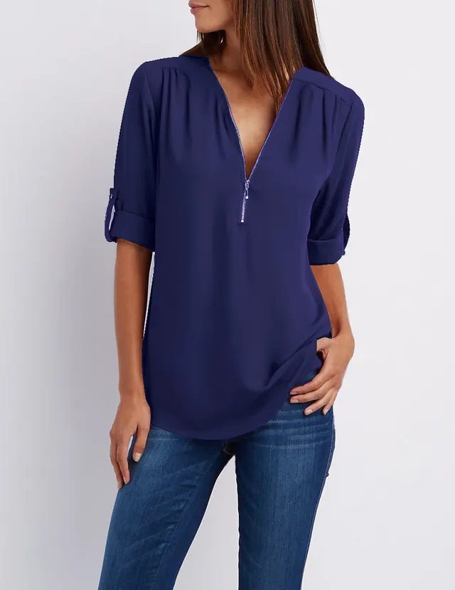 V-neck Zipper Plus Size Women's Long-Sleeved Loose Chiffon Shirt - Navy Blue