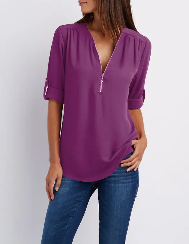 V neck Zipper Plus Size Women's Long Sleeved Loose Chiffon Shirt Purple - Shop at LoveMi