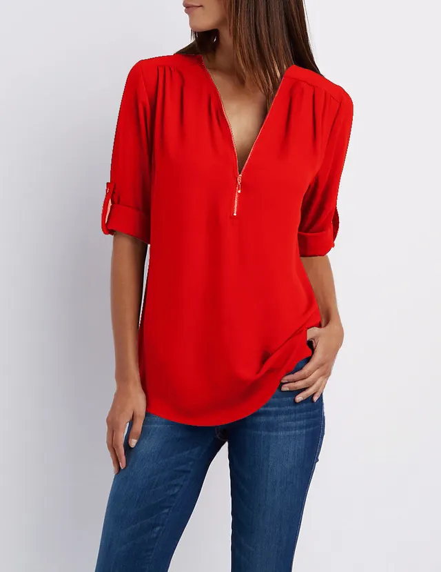 V neck Zipper Plus Size Women's Long Sleeved Loose Chiffon Shirt Red - Shop at LoveMi