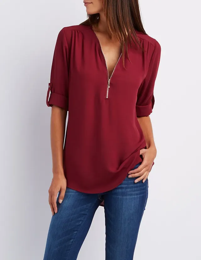 V neck Zipper Plus Size Women's Long Sleeved Loose Chiffon Shirt Wine Red - Shop at LoveMi