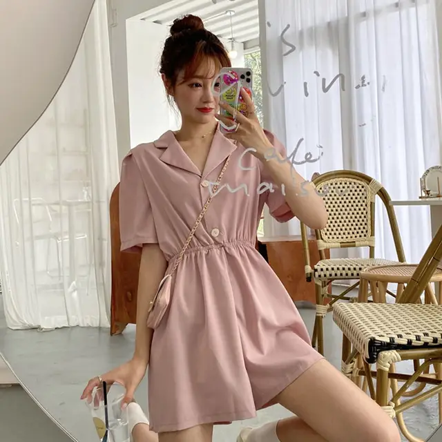 Suit Collar Purple Jumpsuit Summer New Korean Style High Waist Casual Pants Women Loose Straight Wide Leg Shorts Pink - Shop at LoveMi