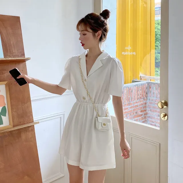 Suit Collar Purple Jumpsuit Summer New Korean Style High Waist Casual Pants Women Loose Straight Wide Leg Shorts White - Shop at LoveMi