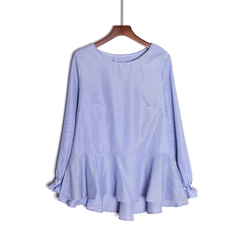 Long Sleeve Round Neck Vertical Striped Shirt Top - Blue
