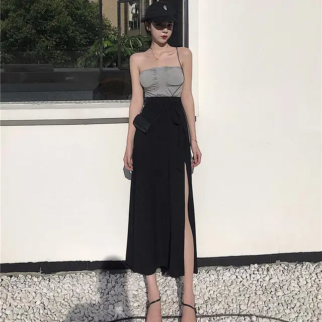 Sexy Split High Waist A Line Skirt Skirt Mid Length Net Red Ins Skirt Female Summer New One Piece Fairy Skirt Black - Shop at LoveMi