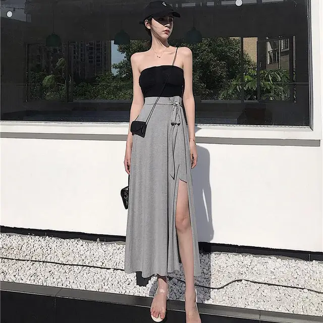 Sexy Split High Waist A Line Skirt Skirt Mid Length Net Red Ins Skirt Female Summer New One Piece Fairy Skirt Grey - Shop at LoveMi