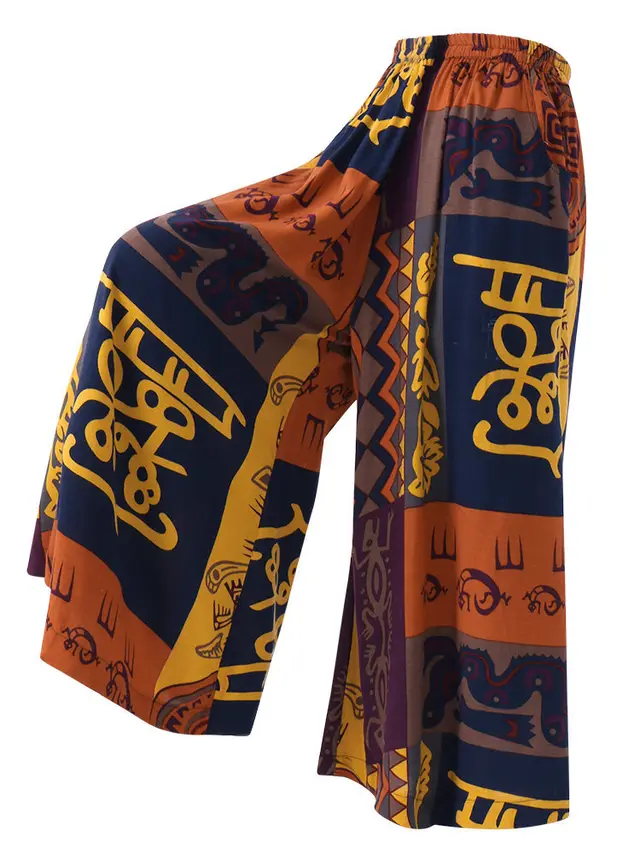 New Ladies Printed Loose Big Flared Pants Casual Plus Size Trousers Navy Blue - Shop at LoveMi