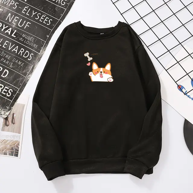 Japanese Round Neck Cartoon Print All match Loose Top Black - Shop at LoveMi