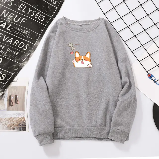 Japanese Round Neck Cartoon Print All match Loose Top Grey - Shop at LoveMi