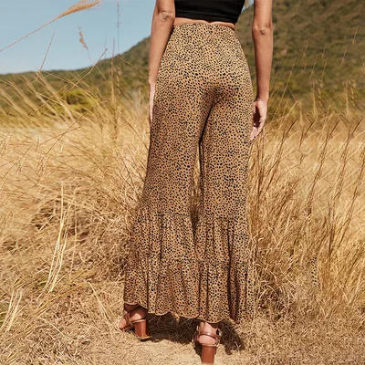 Fashion Leopard Print Wide Leg Casual Pants Khaki - Shop at LoveMi
