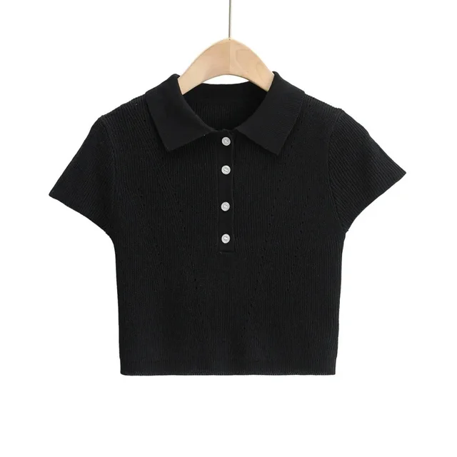 Navel Knit Short sleeved T shirt Spring And Summer New Casual Slim fit Short Top Black - Shop at LoveMi