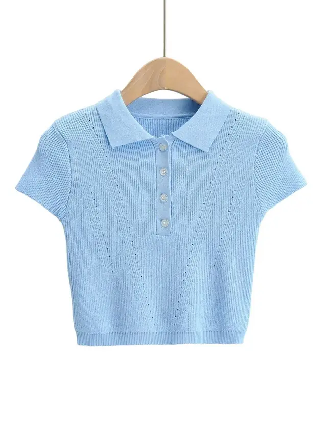 Navel Knit Short sleeved T shirt Spring And Summer New Casual Slim fit Short Top Blue - Shop at LoveMi