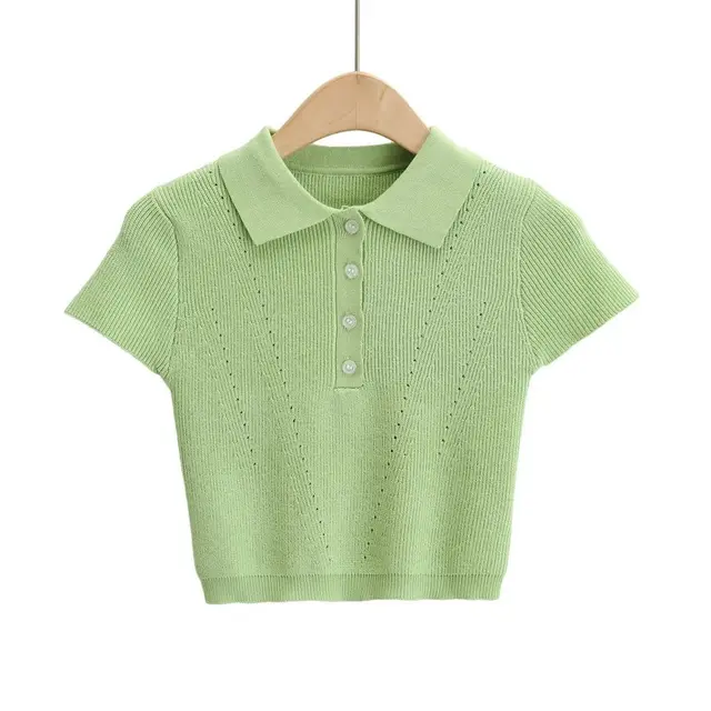 Navel Knit Short sleeved T shirt Spring And Summer New Casual Slim fit Short Top Green - Shop at LoveMi